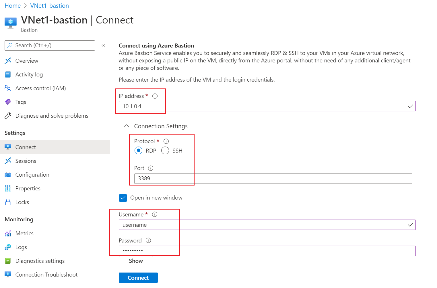 Screenshot of the Connect using Azure Bastion page.